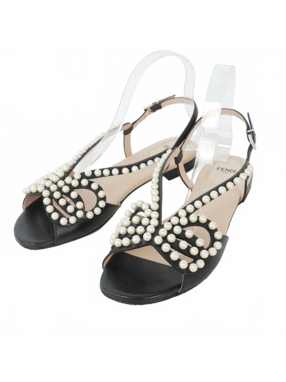 Fendi Faux Pearl Flat Sandals Leather Ankle Strap 39 Black